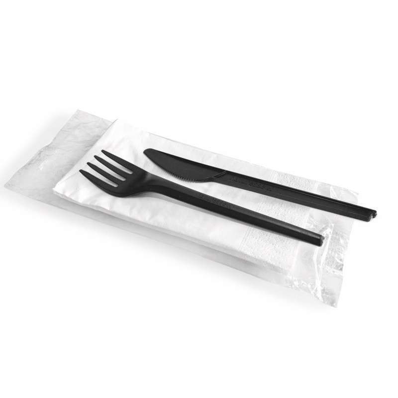 Set Bis Standard Nero Forchetta Coltello con Tovagliolo