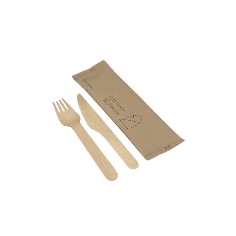 Set Bis Forchetta Coltello in legno con tovagliolo